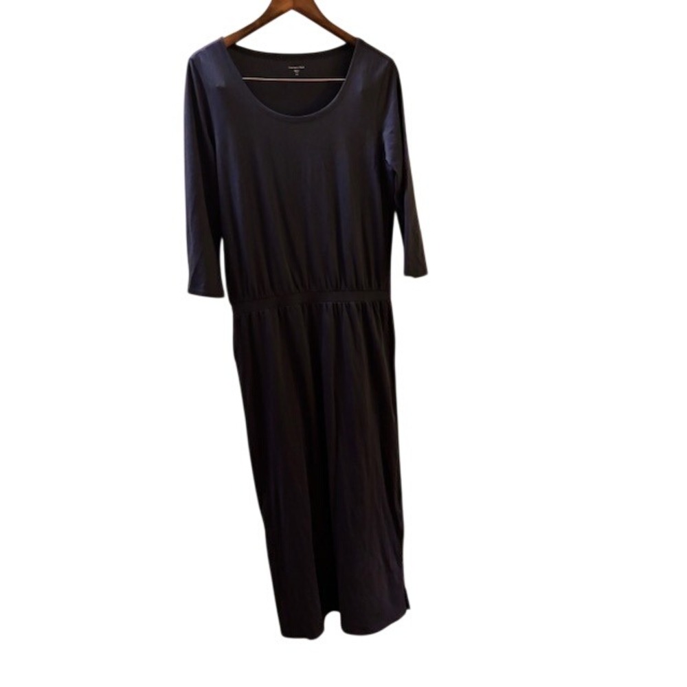 Garnet Hill Women's Organic Pima Cotton 3/4 Sleeve Scoop Neck Maxi Dress Navy M